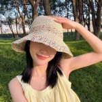 컬러 라인 라탄 왕골 밀짚 여름 챙 넓은 햇빛 모자 버킷햇 동남아 해외여행 여름 자외선차단 제주도 소품샵