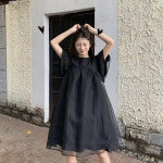 스커트헵번 망사 선녀 원피스 롱 플리츠 플레어 원피스 쁘띠 소매 인형 메쉬 드레스