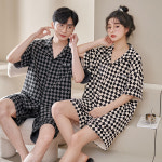 세컨핑크 다이아 체크 반팔 카라 셔츠 잠옷 남여커플 세트