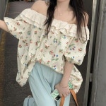 여성 오프숄더 핏 레이스 플라워 반팔 블라우스