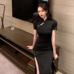 블랙 고급 차이나카라 치파오 반팔 롱원피스