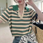 배색 스트라이프 크롭 브이넥 카라 니트 캐주얼 심플