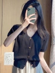 여름 프렌치 브이넥 반팔 니트 가디건 숏
