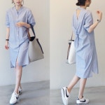 뒷트임원피스 퍼프 볼륨 소매 스트라이프 미디 무릎 길이 슬림 롱 반팔 셔츠