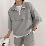 남녀 아노락 반팔 반바지 세트 1P 커플 트레이닝복 블랙-L