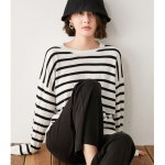 키밍 여성 줄무늬 니트 티셔츠 라운드넥 긴팔 루즈핏