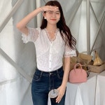 스윗트리 V넥 레이스 블라우스 티셔츠 h0264