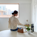 하로나 브이넥 카라 크롭 긴팔 남방