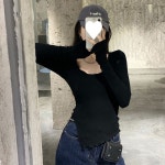 블랙 언발란스 슬림핏 여자 긴팔 라운드넥 티셔츠