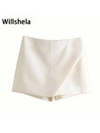Willshela 여성 비대칭 반바지 스커트 하이 웨이스트 백 포켓 사이드 지퍼 빈티지 여성 Skort Solid