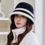 여성 배색 두줄 라인 포인트 겨울철 니트 버킷햇
