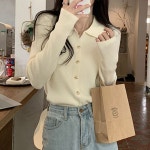 카라넥 니트 세로 골지 패턴 슬림 효과 단추