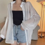 여름 시스루 쉬폰 긴팔 카라 셔츠 해변가 비치