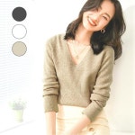 여성 브이넥 슬림핏 긴팔 니트 무지티 간절기 골지