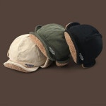 도톰 골덴 귀달이모자 영문 자수 양털 안감 군밤모자 카키