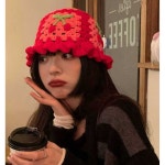 여성 손뜨개모자 체리 핫핑크 털모자 깜찍한겨울모자