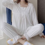 여성 잠옷 세트 여자 파자마 긴팔 잠옷 홈웨어 리본