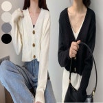 여성 짧은 크롭 가디건 V넥 니트 단추 꽈배기 아우터