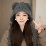 뽀글이 포근 끈 털모자 스타일링 캐주얼 푹신 겨울 차콜