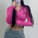 투웨이 라운드 언발 크롭 골지 니트 집업