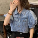 여성 데일리 언벌 데님 벌룬 소매 청 숏 자켓