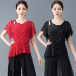 여성 라틴댄스복 상의 반팔 메쉬 볼룸 줌바 무대의상 연습복 모던 라인댄스 티셔츠 사교 섹시댄스복