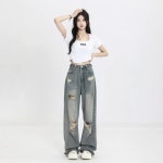 찢청 미국 복고풍 찢어진 청바지 여성의 허리 스트레이트 느슨한 슬리밍 디자인 하이 스
