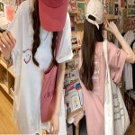 여성 오버핏 반팔 티셔츠 라운드넥 스마일 박스티
