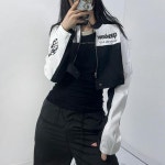 여성 크롭 레이싱 바이커 배색 점퍼 스트릿 자켓 숏