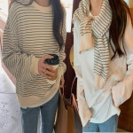 여성 단가라 긴팔 맨투맨 루즈핏 스트라이프 티셔츠 살구L