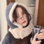 여성 겨울 귀여운 목도리 모자 투톤 단추 털모자