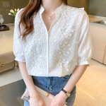 여성 봄 여름 반팔 브이넥 플라워 자수 펀칭 블라우스