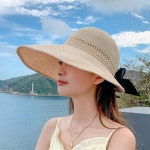 여성 여름 뒷 왕 리본 포인트 돌돌이 비치캡