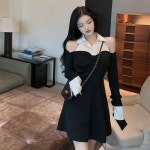 어꺠 트임 배색 미니 원피드 드레스