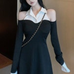 어꺠 트임 배색 미니 원피드 드레스