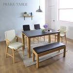 모두랑가구 프라하 6인 천연대리석 화산석 식탁세트 블랙식탁1 다크초코의자3 다크초코벤치1