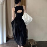 라운드넥 뒤판 입술 포인트 내추럴 주름 샤링 민소매 롱원피스 볼륨업 나시 원피스