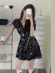 플라워 브이넥 퍼프 슬리브 셔링 여름 미니원피스-td0101 블랙Lmb 2C28020