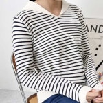 세일러 스타일 단가라 패턴 니트 긴팔 티셔츠