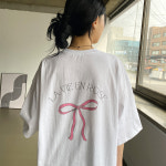 리엘라 디멘토 리본 나염 레터링 포인트 루즈핏 박스 반팔티