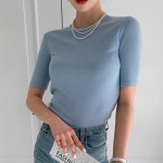 여자 쫀쫀 5부하프 라운드넥 무지이너 티셔츠
