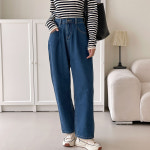 즈본 보이핏 원핀턱 뒷밴딩 여성 슬라우치 배기 청바지 J1041