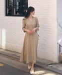옐르 봄 가을 하객룩 벚꽃룩 금장 단추 브이넥 롱 원피스