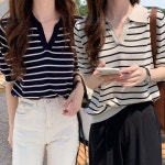 여성 여름 스트라이프 카라 넥 반팔 니트 티