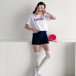 즈본 스티치 세미 롤업 스판 여성 청 반바지 H3112