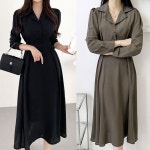 카라 브이넥 여성 긴팔 핀턱 주름 롱 원피스