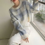 오노마 ONM 소프트 투톤 체크 패턴 라운드넥 긴팔 니트 스웨터 14928543