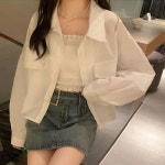 얇은 세미크롭 셔츠 남방 페이크포켓 뒷트임 2컬러 핑크-FREE