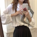 프릴 브이넥 시스루 셔츠 블라우스 앞트임 여유핏 블랙-FREE