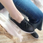 테슬 장식 포인트 양밴드 통굽 여성 슬립온